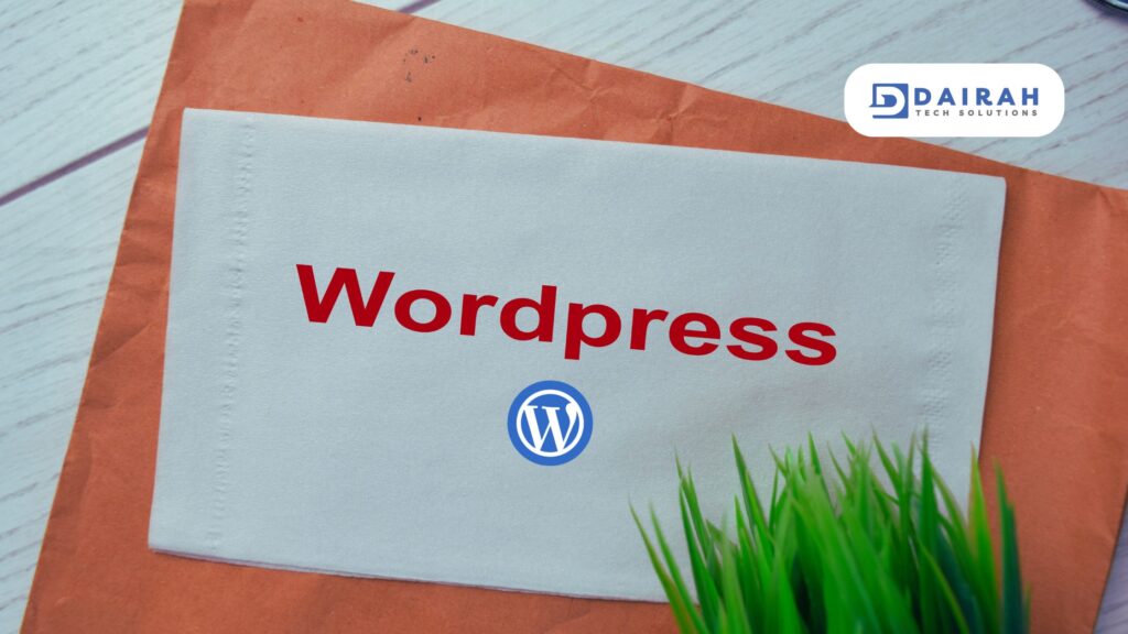 WordPress logo with the word 'Wordpress' written on a cloth, placed on an envelope with the Dairah Tech Solutions logo in the corner